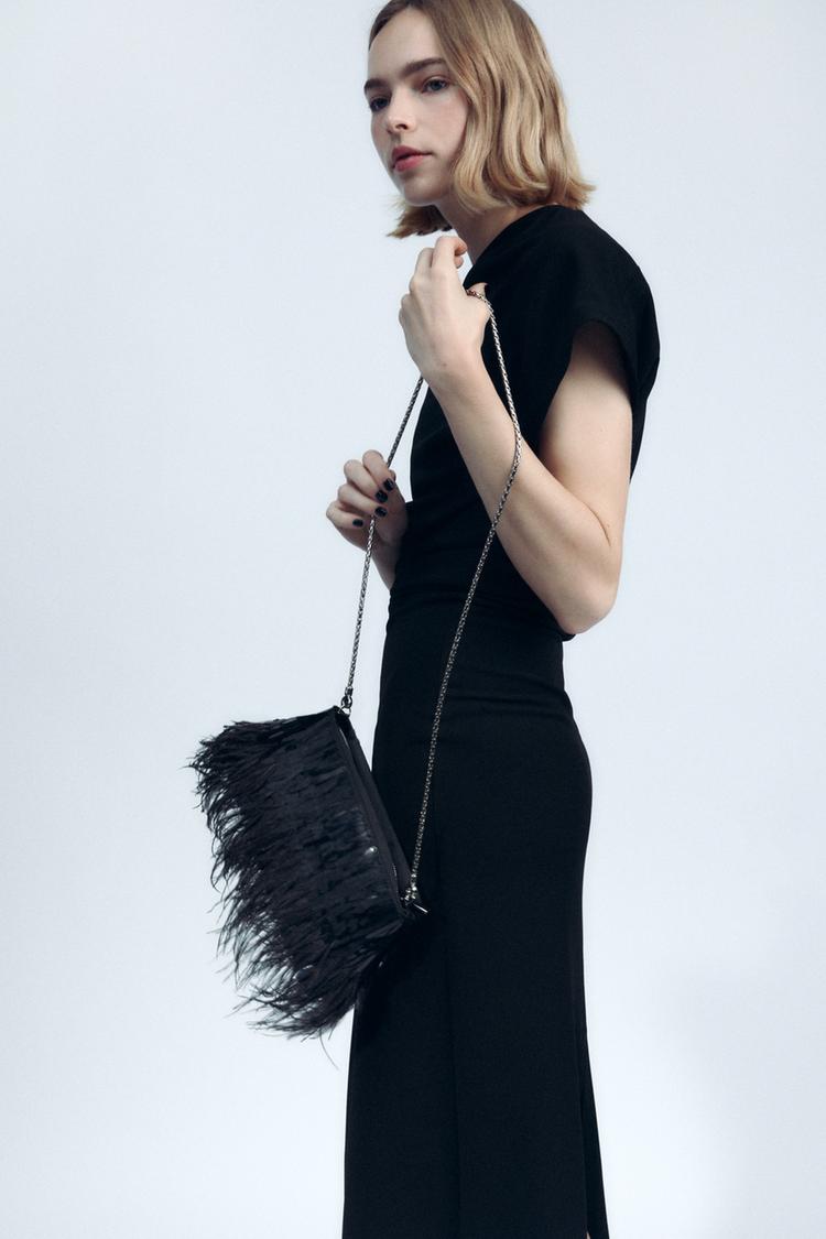 BORSA CON STRASS E PIUME Nero ZARA Italia Italy